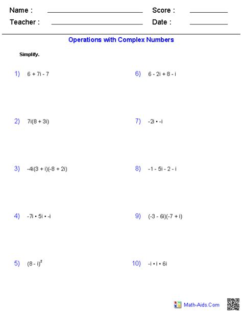 Imaginary numbers can only be found with even indexes! √−64 = 8   vs. . Operations with complex numbers worksheet answer key